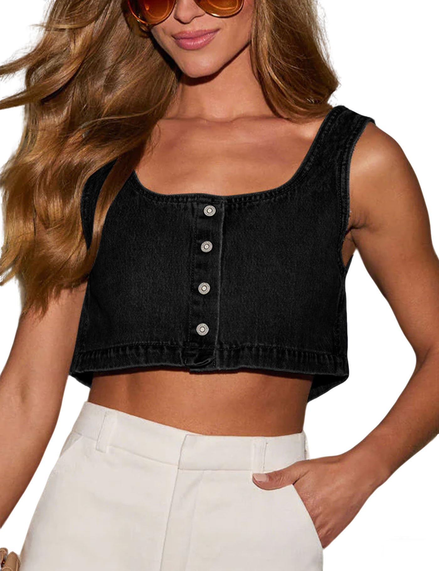 Photo 1 of ** UNKNOWN SIZE*** Limerose Women's Reversible Tank Tops Button Denim Crop Blouses Sleeveless Cami Shirts