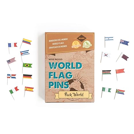 Miss Wood Map Pins With World Flags Brown One Size Miss Wood Map Pins With World Flags Brown One Size