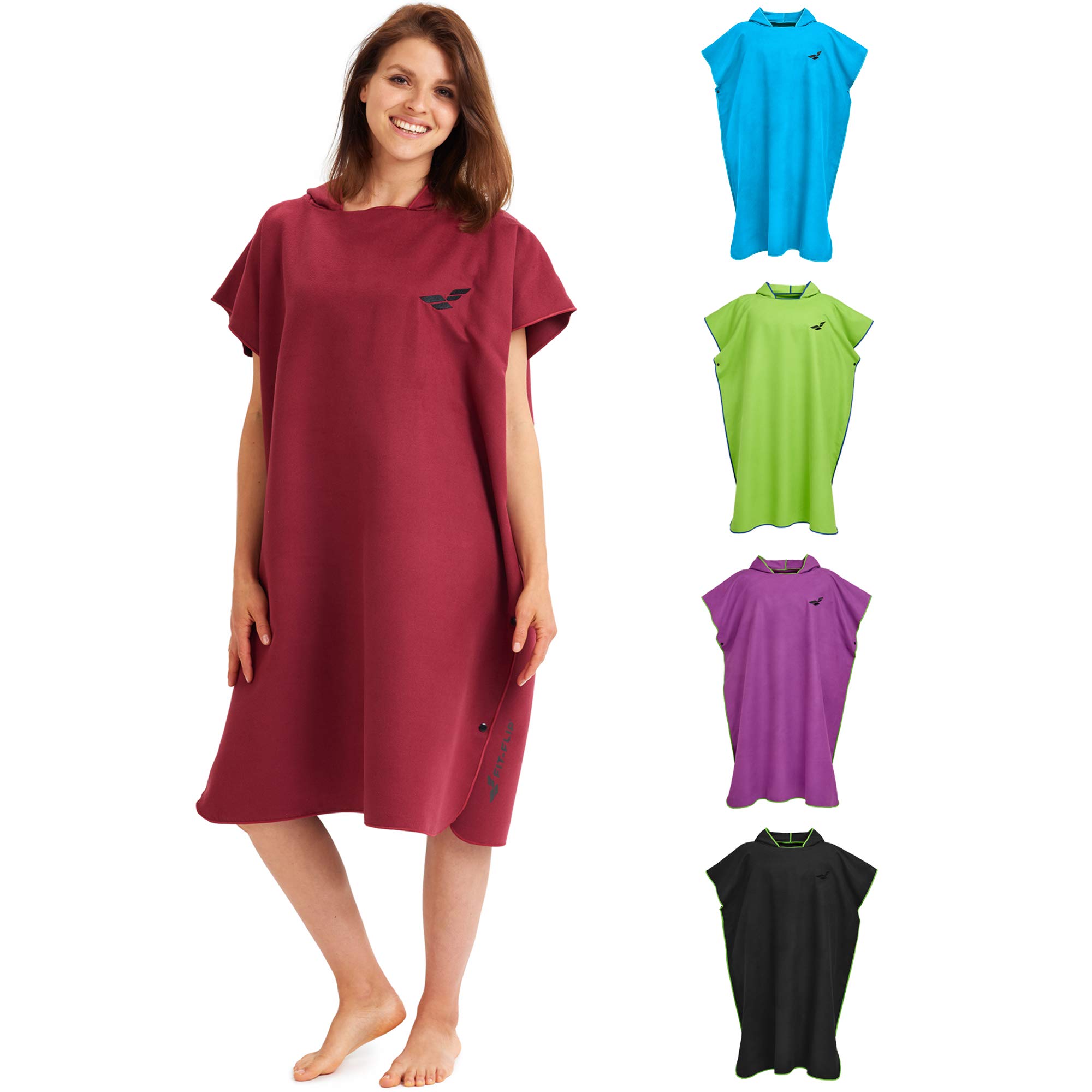 Fit-Flip Poncho Towel - Microfibre Changing Robe Adult - Swim and Surf Beach Robes - Quick Dry Hooded Swimming Towel for Men and Women - size M, Winered