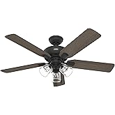 Hunter 52 inch Indoor Ceiling Fan with LED Lights and Pull Chain - Standard Mount Black Ceiling Fan, 5 Blades, For Bedroom, L