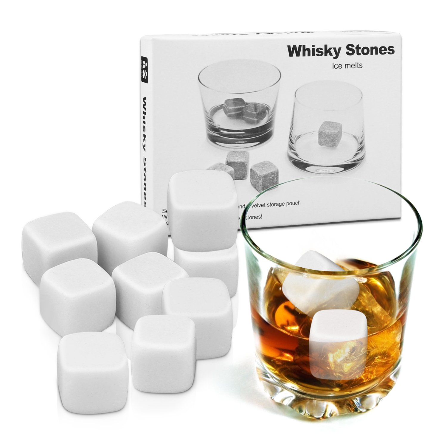 Whisky Stones, Proking 9 Pcs Gift Set Whisky Rocks Chilling Stones Reusable Granite Ice Cubes, Scotch Whisky Drinks Beer Wine Cooler, Best Gift For Whiskey Drinker, Husband, Dad, Men (white)