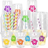 Whaline 60Pcs 12Oz Hawaii Luau Disposable Plastic Cups with Lids and Straws Colorful Summer Hibiscus Cold Beverage Drinking Cups for Beach Hawaiian Luau Party Supplies
