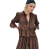 Women Tie Front Ruffle Boho Tops Lace Sheer Flowy Peasant Blouses Y2k Short Sleeve Lace Crop Shirt for Cute Going Out Top