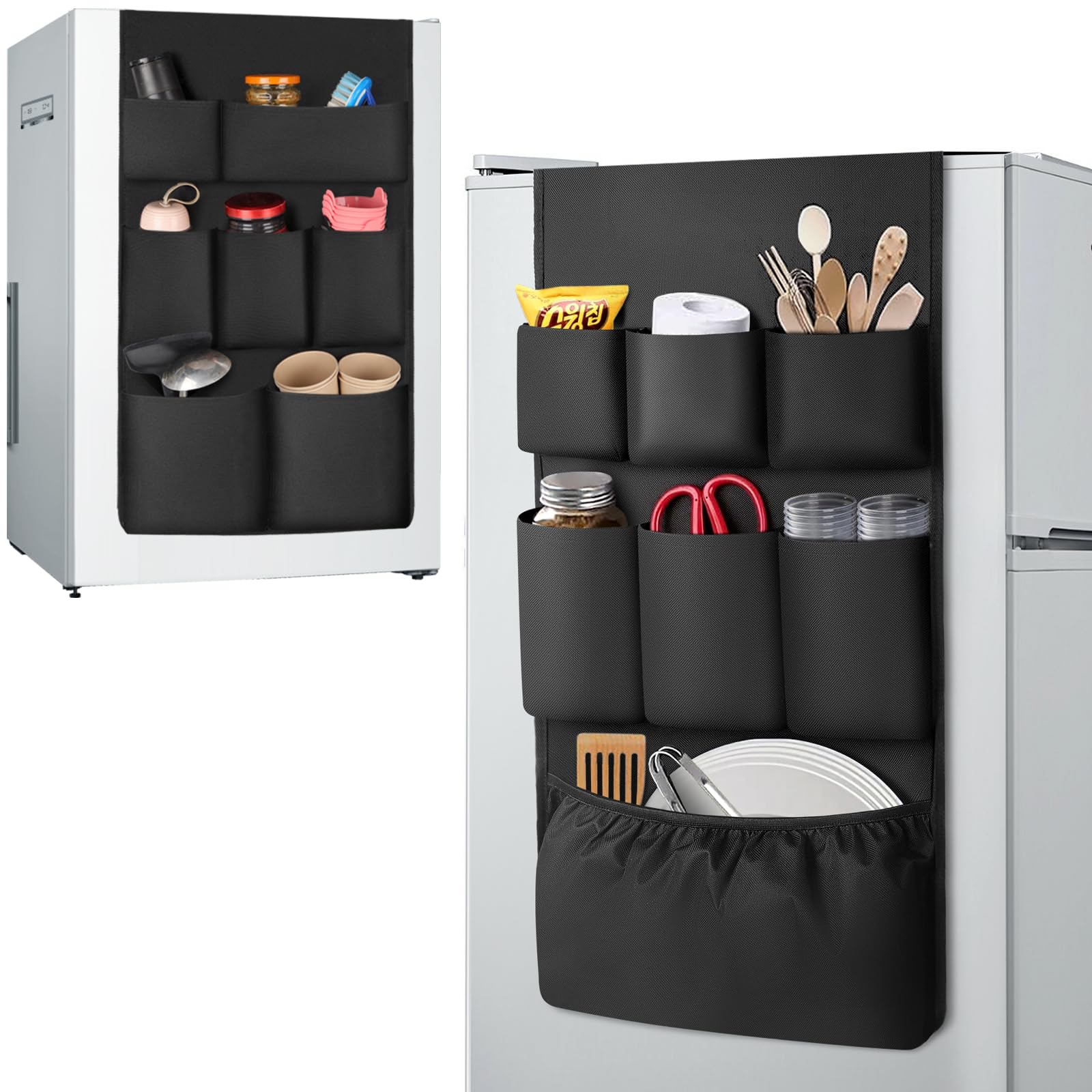 Photo 1 of FENYUAN Dorm Room Essentials Mini Fridge Storage, 14 Pockets and Paper Goods Organizer, Dorm and Office Over the Fridge Caddy Organizer, College Essentials Flatware Storage Organizer - Black