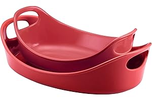 Rachael Ray Stoneware 1-1/4-Quart and 2-1/4-Quart Oval Bubble and Brown Baker Set, Red