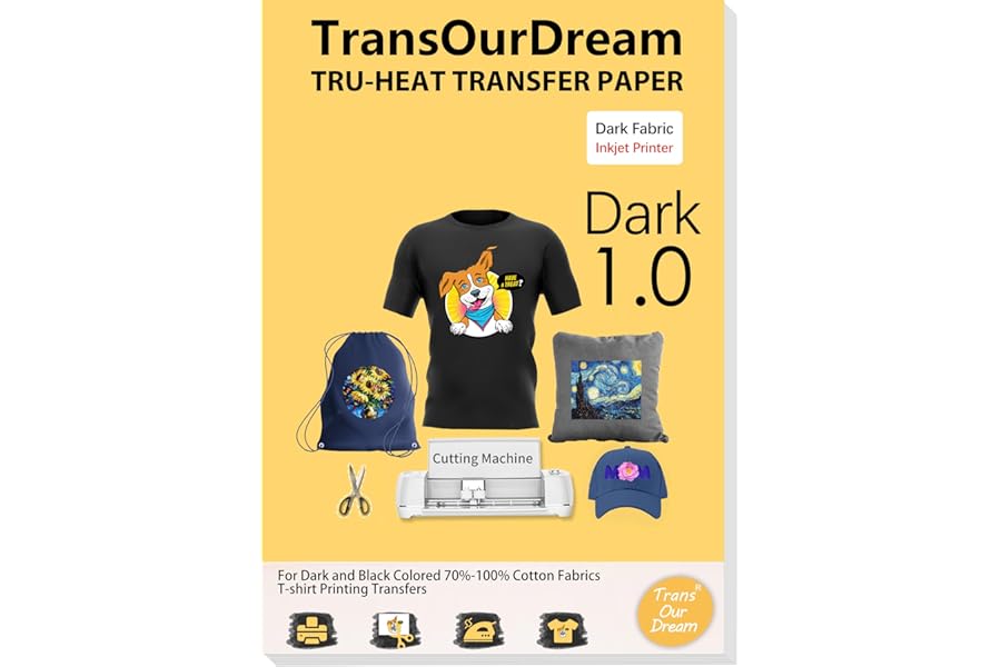 TransOurDream Heat Transfer Paper for Dark T Shirts(20 Sheets, 8.5x11),Printable HTV Heat Transfer Vinyl for Inkjet Printers