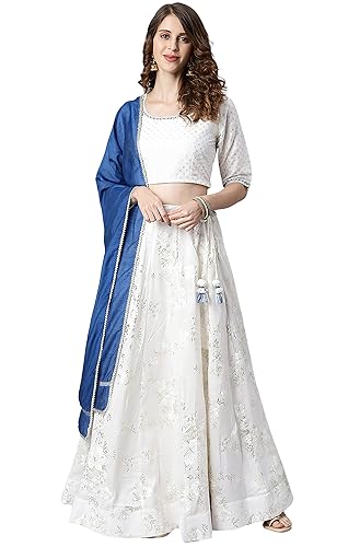 Janasya Indian Women's White Lehenga Choli with Ready to wear