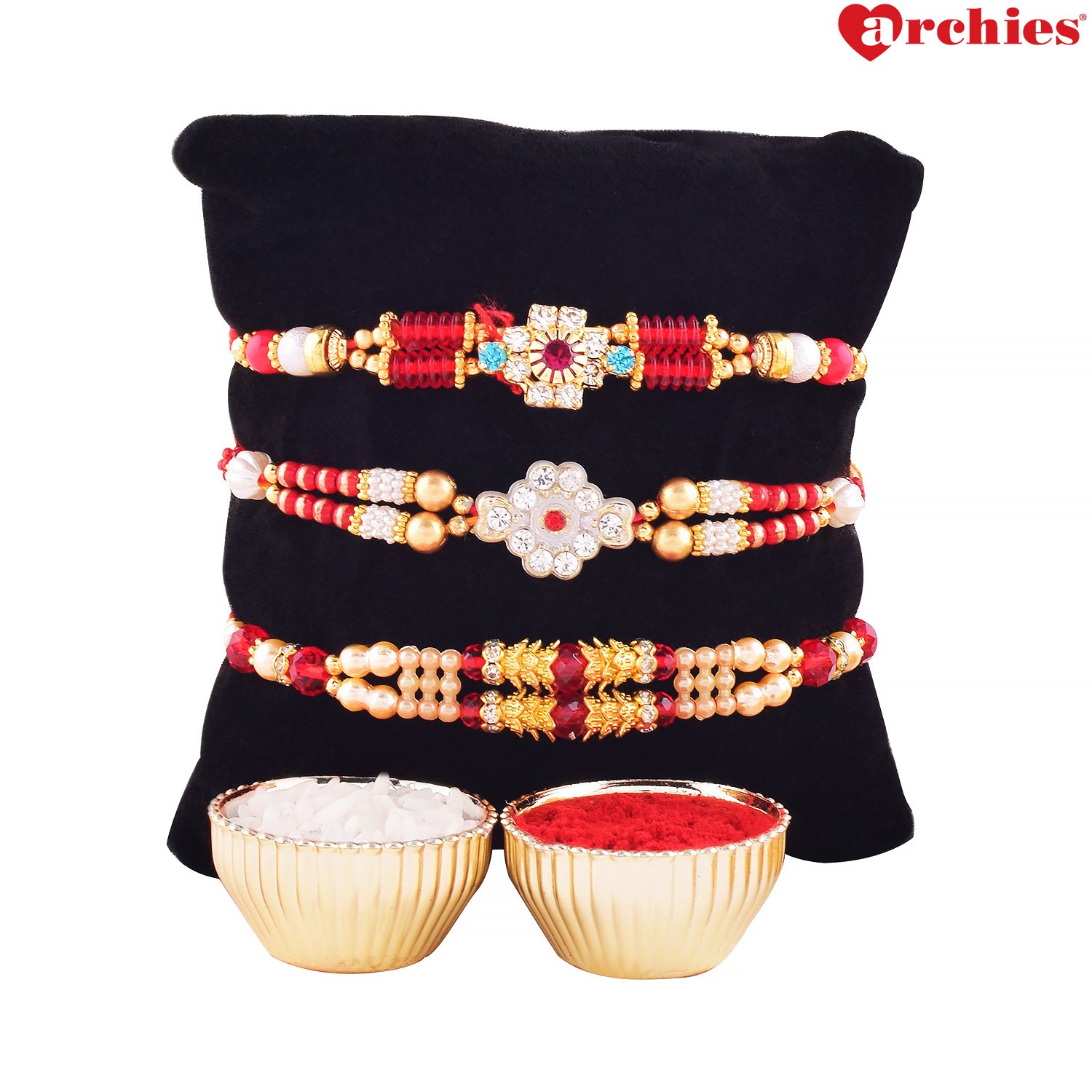 archies rakhi for brother, 3 attractive pearl rakhi with roli tika - set of 4