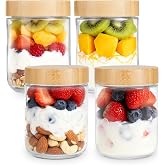 DIBOLASC 4-pack 16oz Overnight Oats Containers with Bamboo Lids, Wide mouth Mason Salad jars, Glass Jars with Airtight Lids for Meal Prep, Glass Food Storage Container for Snack Yogurt Sugar Spice