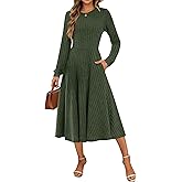 MOLERANI Womens Ribbed Knit Long Sleeve Midi Dress Crewneck 2025 Fall Casual Elegant Dresses with Pockets Wedding Party,Army Green,S