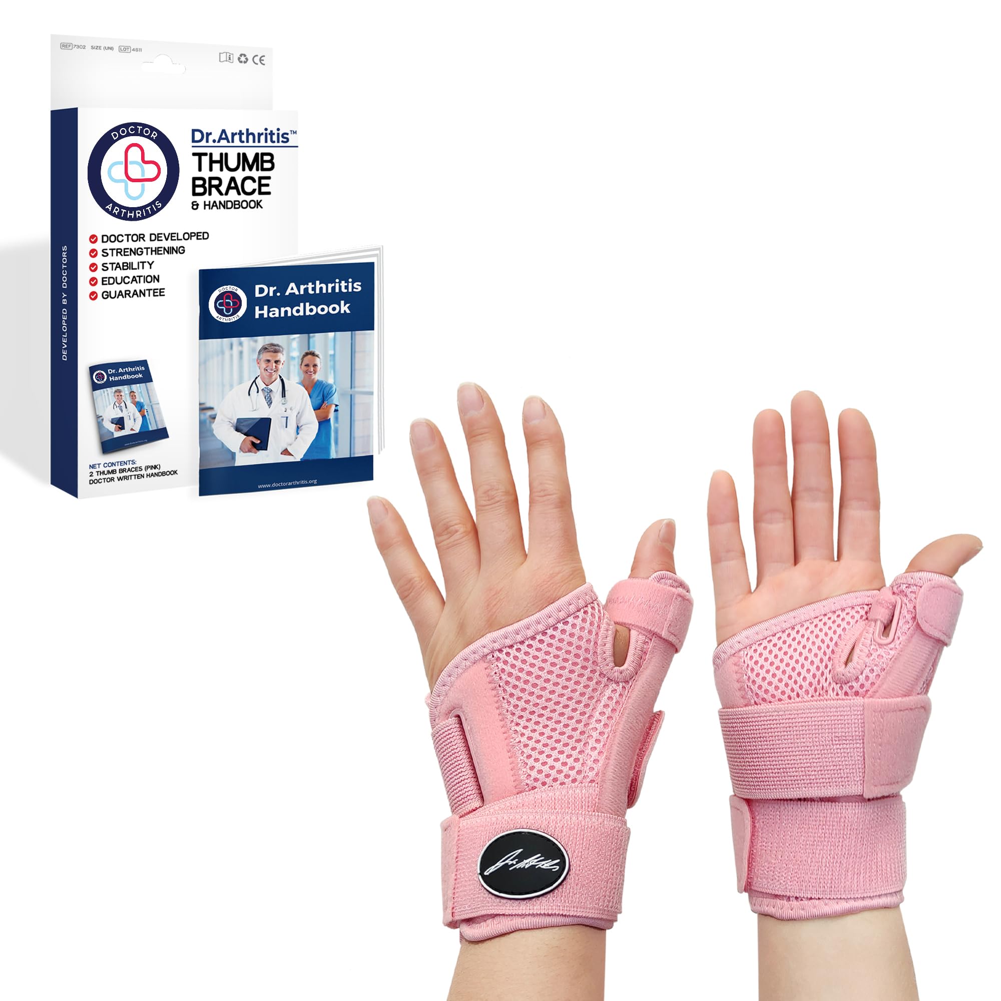 Doctor Developed Thumb Support Brace & Doctor Handbook - Trigger Thumb Brace, Thumb Support For Arthritis - Thumb Spica Splint - Thumb Splint For Right Hand/Left (Pink, Pair)