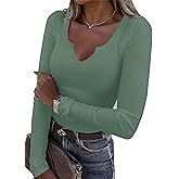 Roselux Women V Neck Ribbed Long Sleeve Shirt Fitted Basic Slim Knit Top