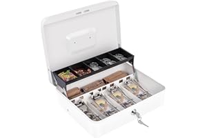 GOEHIAUL Cash Box with Money Tray and Lock, Money Box for Cash, Cash Register for Small Businesses, Metal Lock Box for Money White