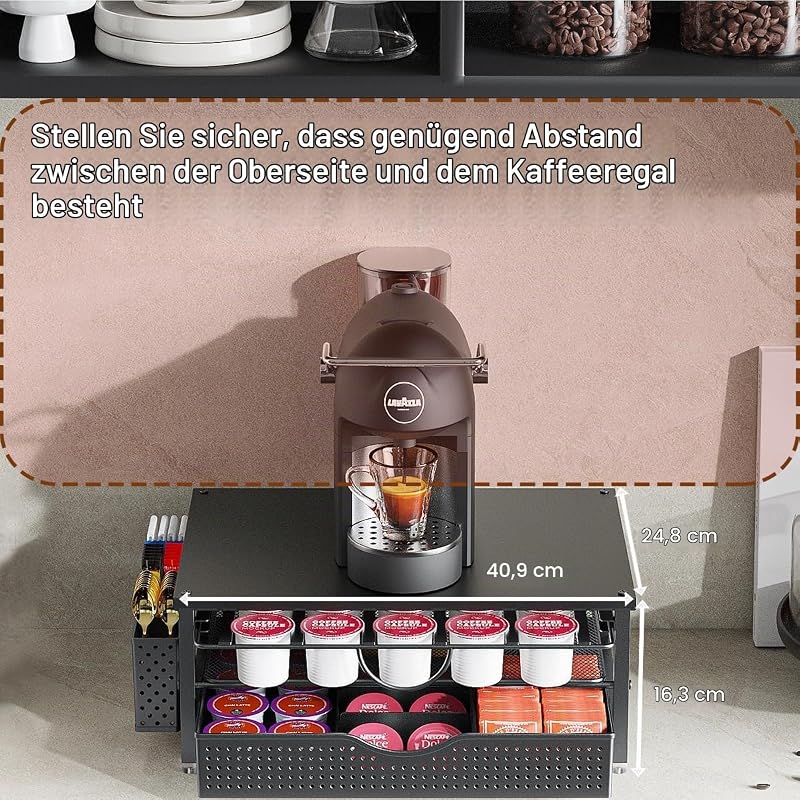 Kaffee Kapselhalter, 2-Tier K Cup Halter mit 2-stufiger Schublade und 1 Hängekorb für 51 große oder 73 kleine Kapseln, K Cup Kaffeestation, Organizer, Zubehör für Theke, Büro, Küche (Schwarz)