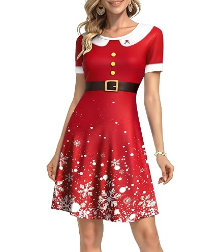 AmzPrint Women's Ugly Christmas Dress Nordic Print Long Sleeve Fit and Flare Mini Red Christmas Snowflake Dress Party Costume : Clothing, Shoes & Jewelry
