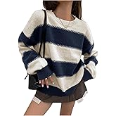 Verdusa Women's Striped Sweater Color Block Pullovers Sweaters Long Sleeve Knit Tops