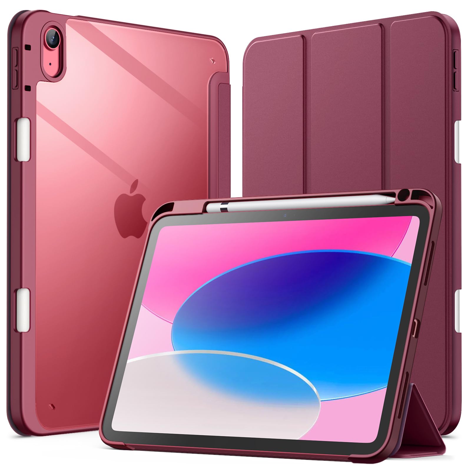 JETech Case for iPad (A16) 11th/10th Generation (2025/2022) with Pencil Holder, Clear Transparent Back Shell Slim Stand Shockproof Tablet Cover, Auto Wake/Sleep (Wine) — image 1