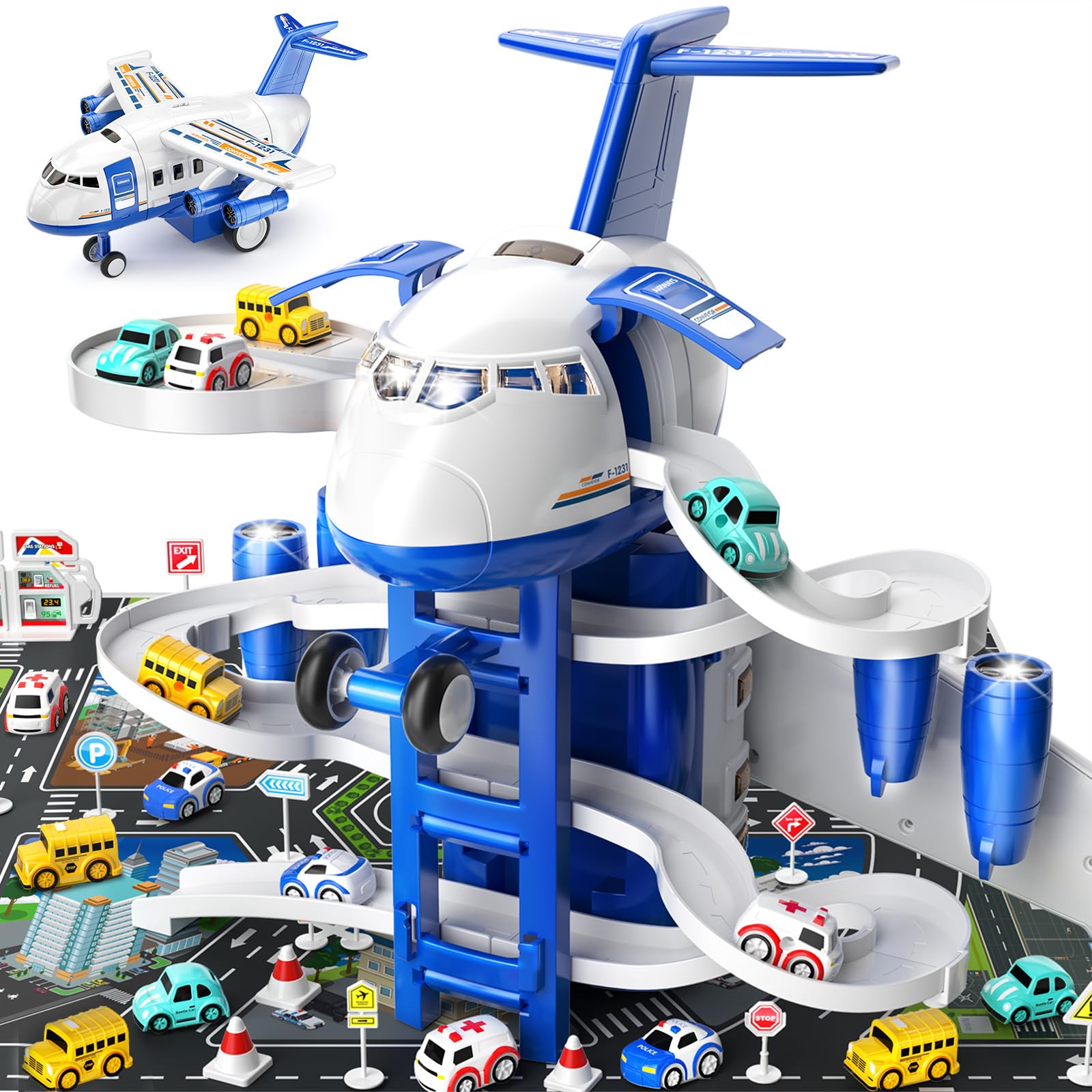 TEMI Kids Aeroplane Toys Race Track Car Toys for 3 4 5 6 7 Boys - Transformed Plane Garage Adventure Toy with 8 City Cars for Toddler Age 3-6, Parking Lot Playmat, Kids Gift