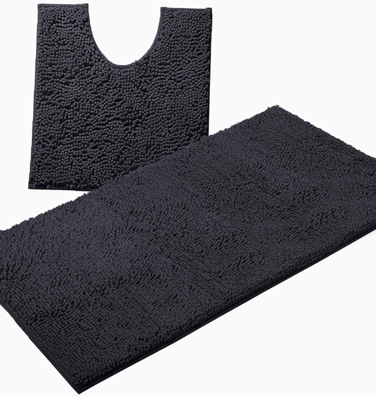 Bathroom Rugs Sets 2 Piece, Luxury Chenille Bath Mat Set, Soft Plush Anti-Slip Bath Rug + U-Shaped Toilet Mat. Microfiber Shaggy Carpet, Super Absorbent. (36'' X 24'' Plus 23'' x 20'' U, Charcoal)