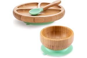 HI BABY MONMENT Baby Bamboo Suction Plate, Bowl and Spoon Set, Wooden Feeding Set for Toddler 1-3 Year Old, Silicone Suction Sticks to Most High Chairs for Non Slip & Silicone Spoon Tips with Wood Handle