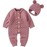LAWKUL Baby Outfit Cotton Knit Newborn Infant Romper Knitted Longsleeve Sweater Clothes With Warm Hat Set Toddler Boy Girl