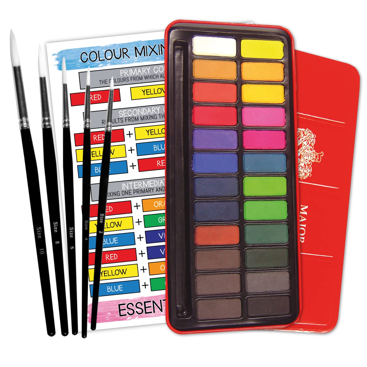 Major Brushes Artist Watercolour Paint Tin 24 Blocks Red Metal Lid Plus White Sable Round Brush Set of 5 plus EAP Colour Mixing Guide