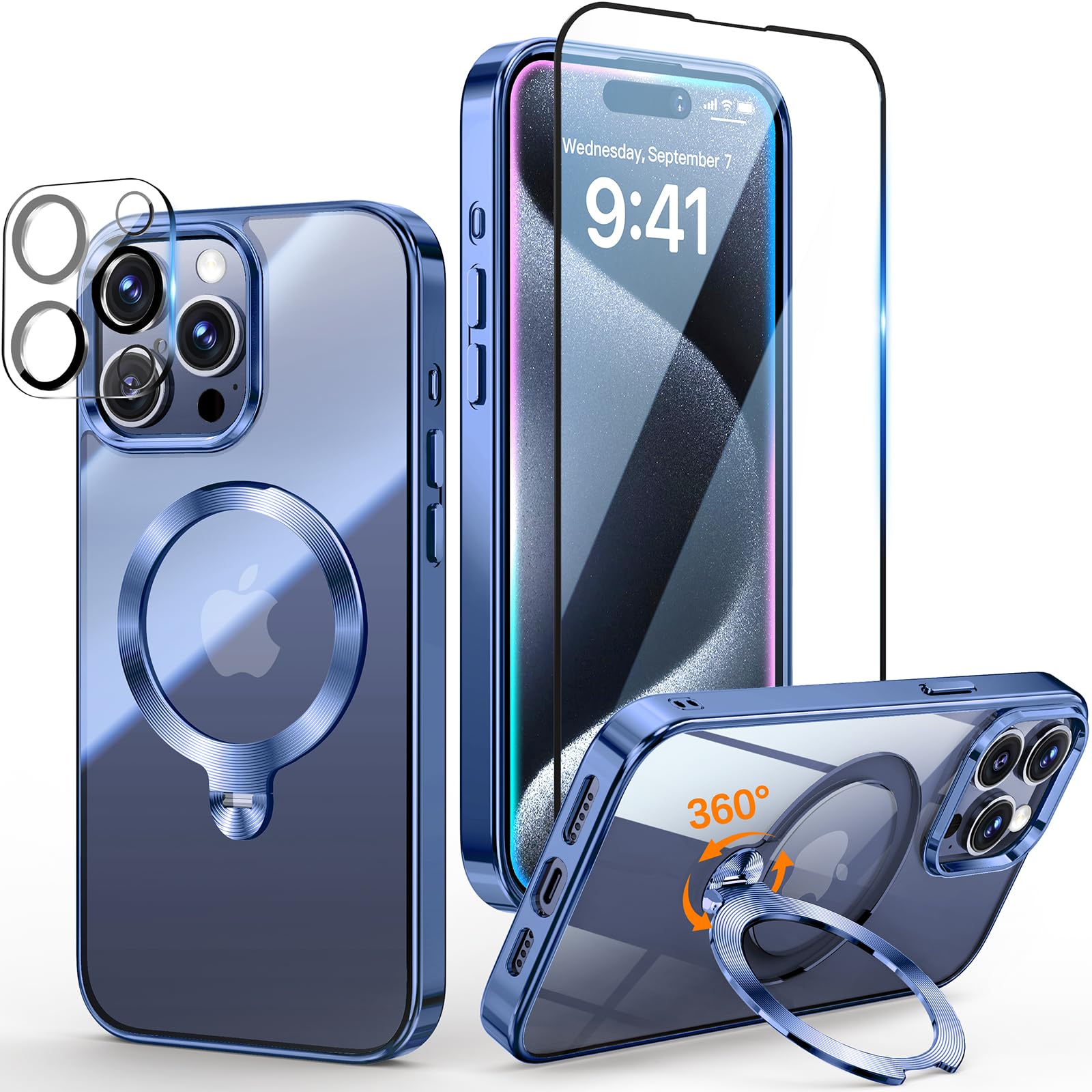 Photo 1 of [Tri-Shield Protection] for iPhone 15 Pro Max Case with 360° Spin Stand Compatible with MagSafe [Magnetic CD Ring] [Screen & Camera Lens Protector] Shockproof Plating Never-Yellowing, Blue-6.7"