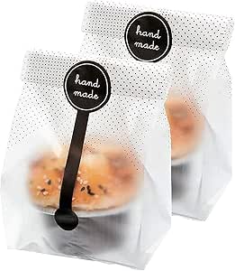 (200Pcs)100pcs Translucent Plastic Bags/Cellophane Bags with 100pcs Hand made Stickers for Cookie Cake Chocolate Candy Snack Wrapping Good for Bakery Party Supplies