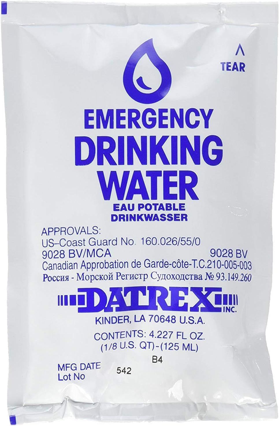Datrex Emergency Water Pouches 125 ml each, Case of 64