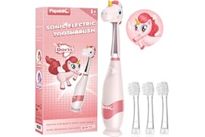 Papablic Toddler Sonic Electric Toothbrush Kids for Ages 1-3 Years, Baby Electric Toothbrush with Cute Unicorn Cover and Smart LED Timer, 4 Brush Heads (Doris)