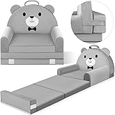 Kids Sofa Bed with Removable Washable Cover & Magic-Tape Backrest – Foldable Toddler Chair, Cozy Crystal Velvet Furniture for Playtime, Naps & Travel (Soft Grey, Bear Design)