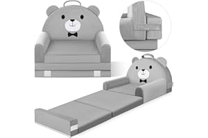 LAAPEE Kids Sofa Bed with Removable Washable Cover & Magic-Tape Backrest – Foldable Toddler Chair, Cozy Crystal Velvet Furniture for Playtime, Naps & Travel (Soft Grey, Bear Design)