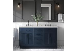 ARIEL Double Vanity 61" Midnight Blue with 1.5" Edge Pure White Quartz Countertop & Splash, Rectangular Sinks, 4 Soft Closing Doors, 6 Full Extension Dovetail Drawers, Toe Kick, Matte Black
