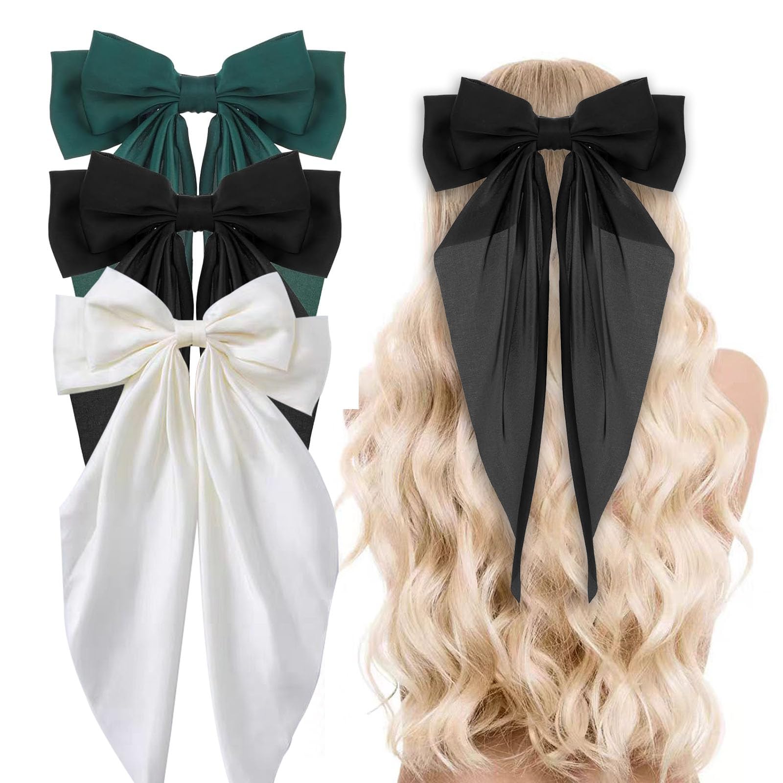 3 Pcs Silky Satin Hair Bows, Black Bow and White Bow and Dark Green Set Bowknot Metal Spring Clip, Oversized Long Ribbons Ponytail Holder French Barrettes Hair Accessories for Women Girls