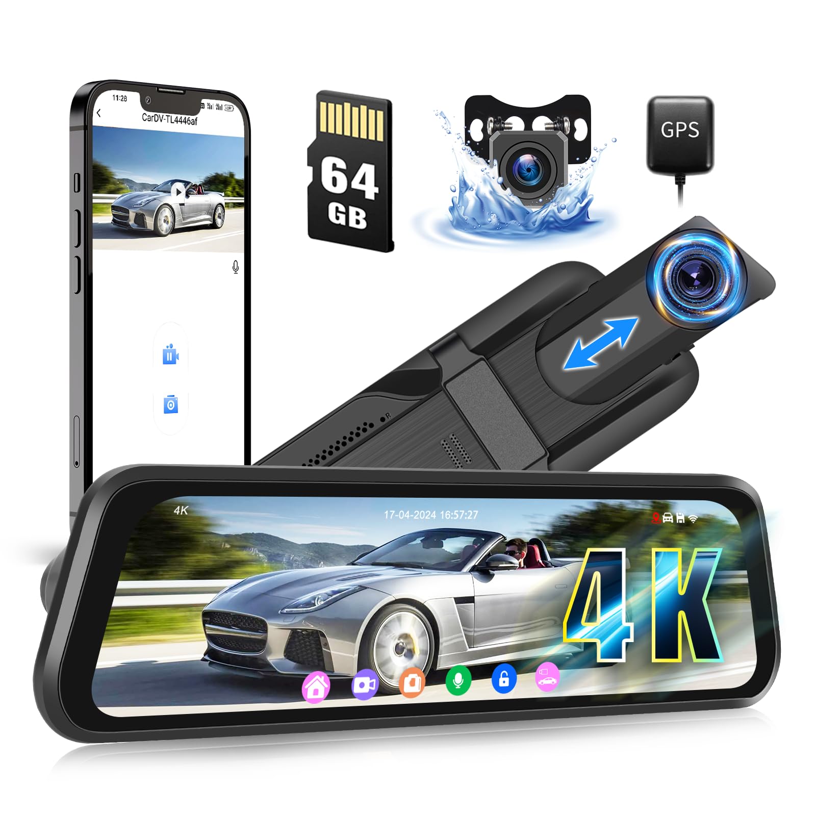 Photo 1 of CAMECHO 4K Rear View Mirror Camera, 9.66" IPS Mirror Dash Cam Front and Rear for Car with 64GB Card, Touch Screen Rear View Mirror Backup Camera with Night Vision, G-Sensor, WiFi, GPS, BSD, LCA, DVR