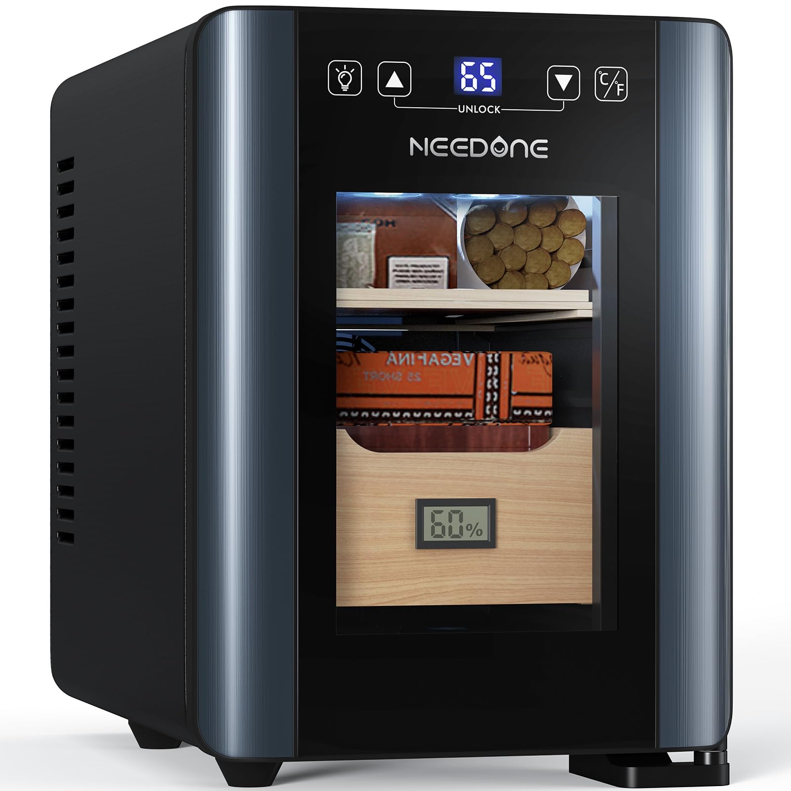 Photo 1 of NEEDONE Cigar Humidor 8L with Heating & Cooling Control, Quiet Thermostatic Electric Cooler Cabinet for 80 Counts with Spanish Cedar Wood Shelves & Drawer with Hygrometer, Gift for Men