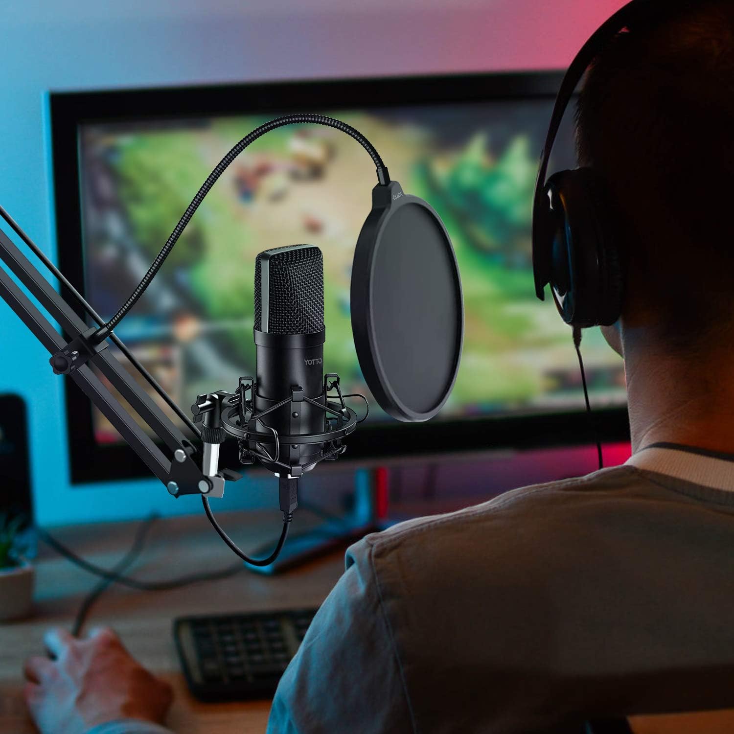 YOTTO USB Microphone Cardioid Condenser Mic 192KHz/24bit Plug and Play Professional Studio Podcast Microphone with Adjustable Microphone Stand Suspension Scissor Boom Arm, Pop Filter, Shock Mount: Home Audio & Theater