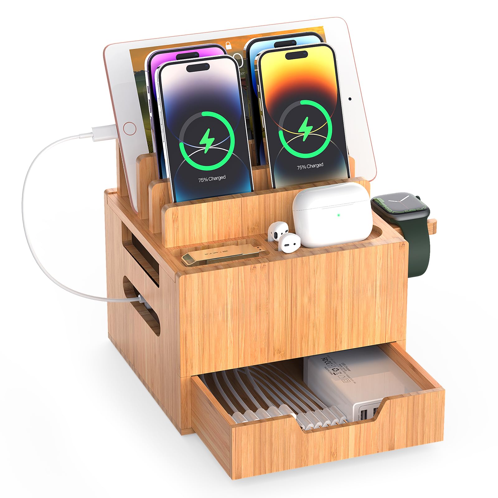 Pezin & Hulin Premium Bamboo Charging Station with Drawer & Watch Stand - XL Multi-Device Organizer for Phone and Watch Organizer (Includes Charging Cable) - Natural Desktop Dock