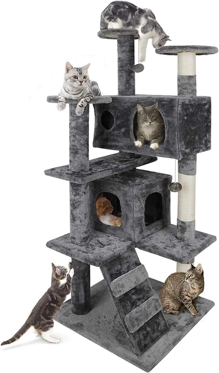 53 Inches Multi-Level Cat Tree Furniture Kitten Activity Play House Bed Pet Kitty Climbing Tower with Scratching Posts/Plush Perch/Scratcher Ladder/Tunnel for Cats,Kittens,Pets (Grey)
