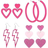 CAVETEE 8PCS Hot Pink Heart Earrings for Women, Dangle Earrings Cute Love Earrings for Her Lightweight Big Hoop Earrings 80s Party Accessories