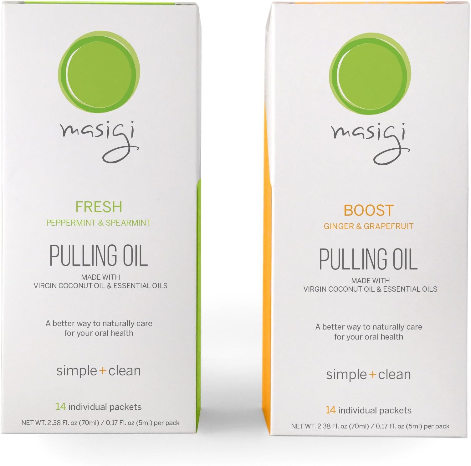 Masigi FRESH & BOOST Oil Pulling Mouthwash Bundle | Organic Coconut Oil Pulling Mouthwash | A Natural Ayurvedic Oral Detox for Teeth and Gums | 14 Single-Serve Travel Friendly Packets Per Box (2 X 70)