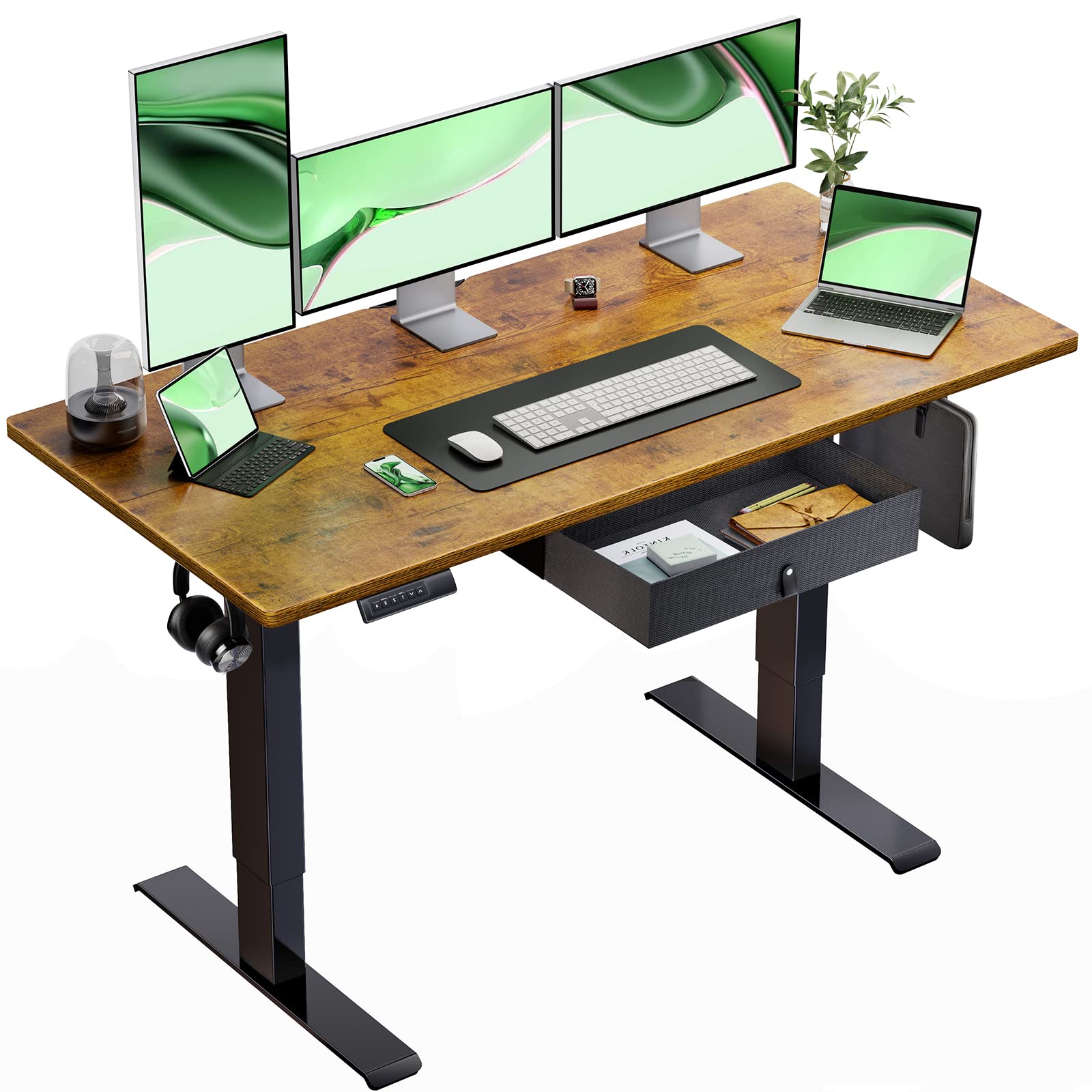 Marsail Standing Workstation with Drawer, 48x24 Adjustable Height Table, Electric Sit-Stand Station, Ergonomic Home Office Setup for Computer, Gaming, Rustic Style
