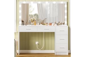 usikey 47.2" Large Vanity Desk with Lighted Mirror, 14 Lights, Makeup Vanity Table with 5 Large Drawers & Charging Station, Makeup Vanity Desk, Vanity Table Set for Bedroom, White