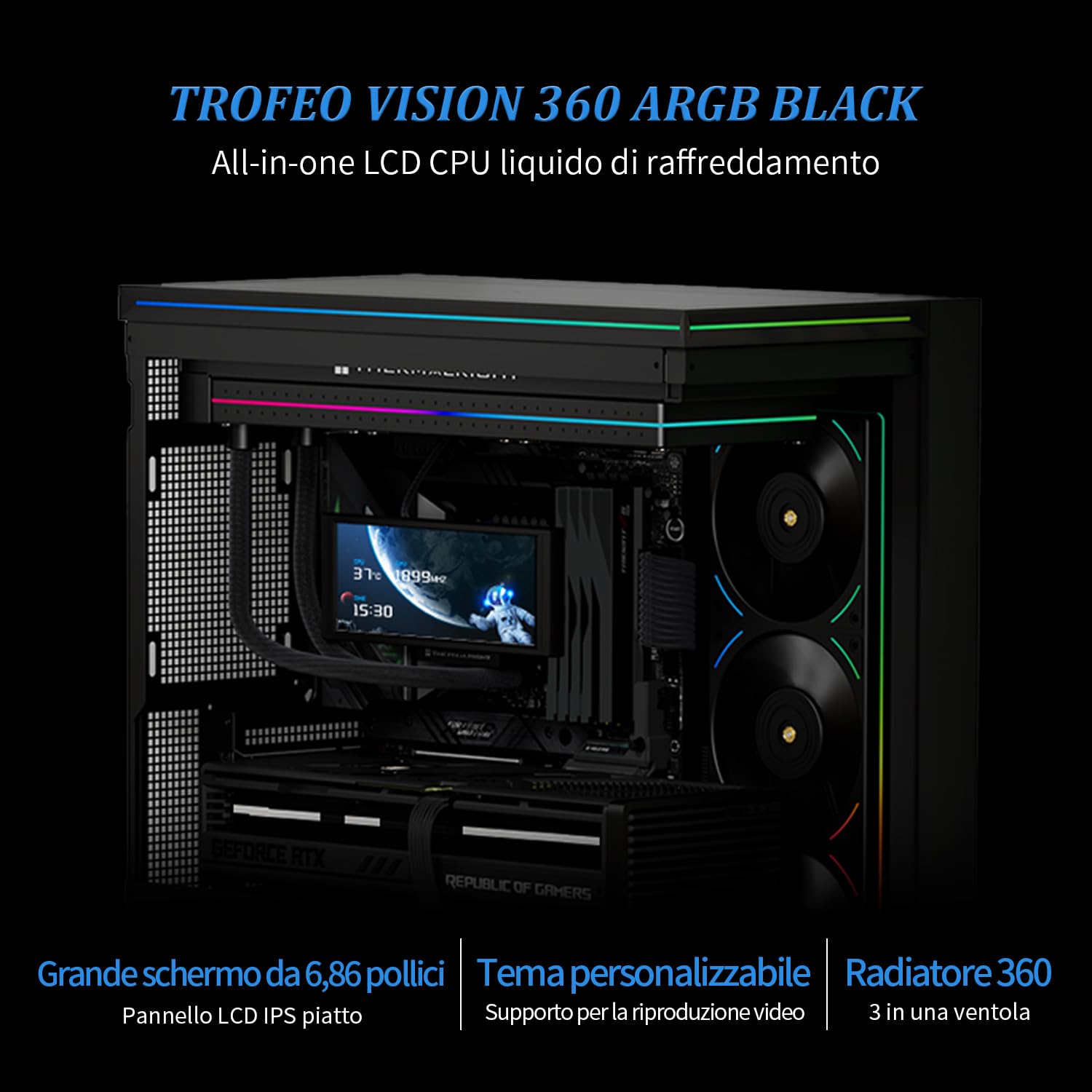 TR-Trofeo Vision 360 ARGB Schwarz CPU Aio Kühler, CPU Wasserkühlungssystem, 6,86 Zoll langer IPS-Bildschirm mit 1280x480 Auflösung, für AM4 / AM5, LGA1851 / 1700, 2