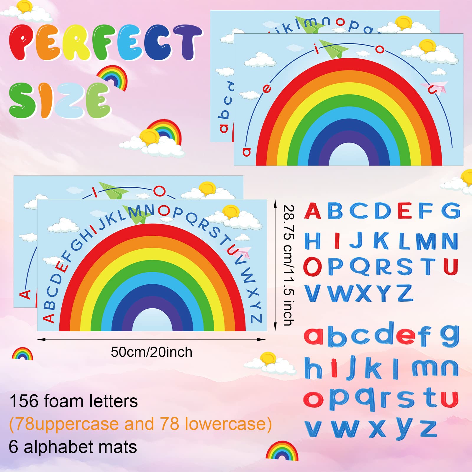 Geyee 6 Pcs Double Sided Rainbow Alphabet Arc Mats Colorful Foam Abc Letters and Arc Mats for Alphabet Recognition Activity Abc Learning Toys for Kindergarten Preschool Baby Toddlers Kids