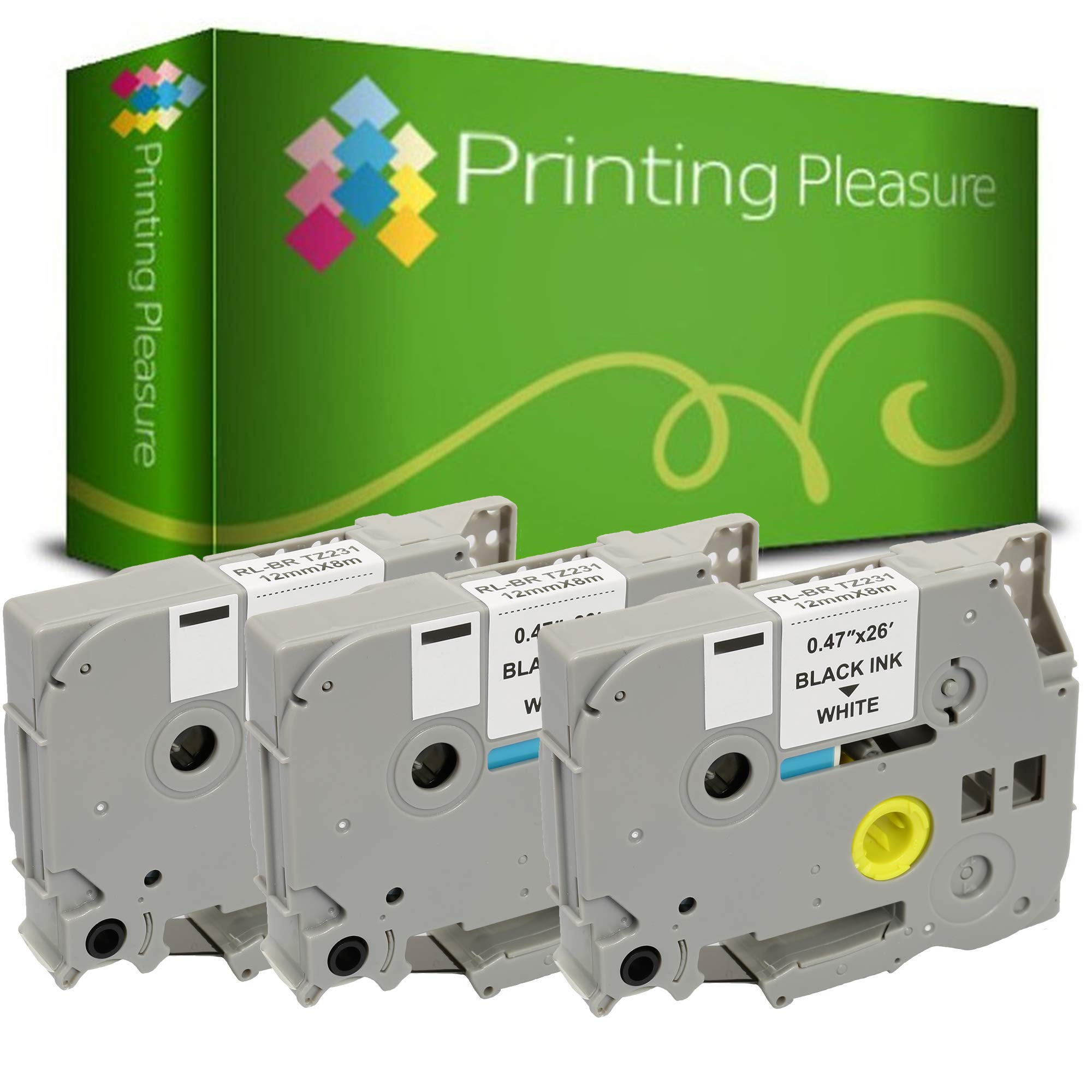 Printing Pleasure 3 x TZe-231 TZ-231 Black on White Label Tapes Compatible with P-Touch Label Printing Machines | 12mm x 8m