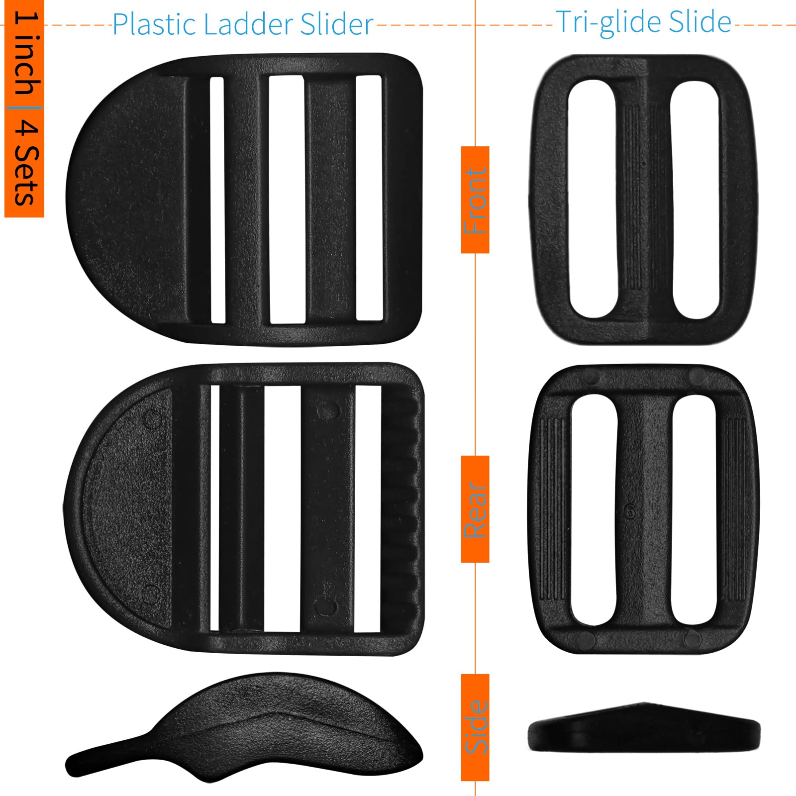 4 Pack Slider Ladder Lock Buckle and Tri-glide Slide for 3/4