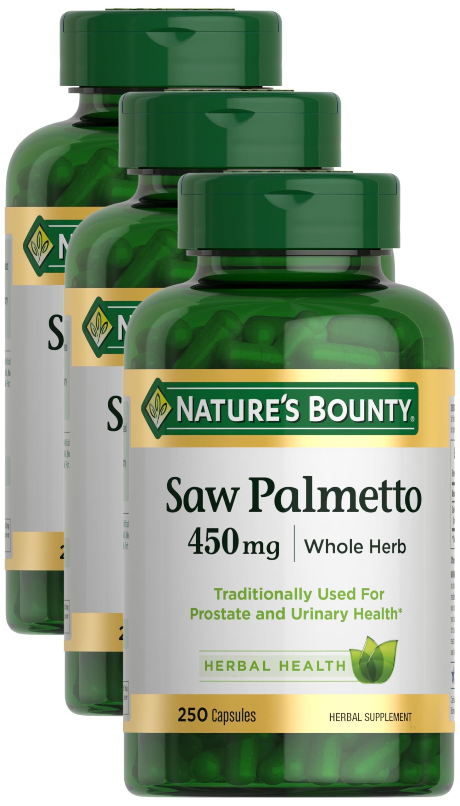 Nature's Bounty Saw Palmetto Support for Prostate and Urinary Health, Herbal Health Supplement, 450mg, 250 Capsules (Pack of 3) Image