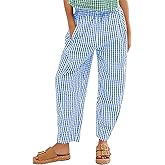 Flygo Girls Plaid Wide Leg Pants Gingham Elastic Waist Trousers Cute Print Bottoms with Slant Pockets(LightBlue 13-14 Years)