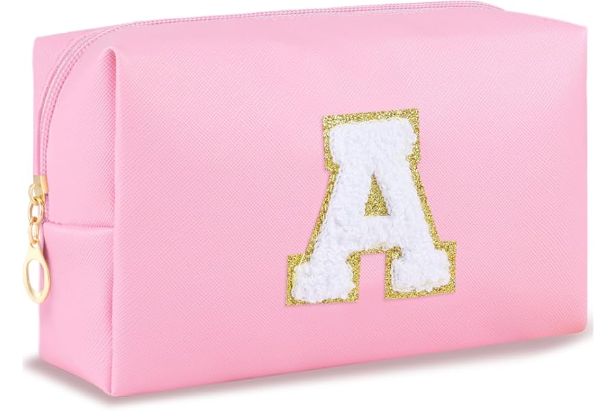 URSKYTOUS Initial Makeup Bag Personalized Preppy Cosmetic Bag Travel Toiletry Bag Waterproof PU Small Makeup Pouch Bag for Purse Birthday Gift Cute Stuff for Teen Girls Women (Pink A)
